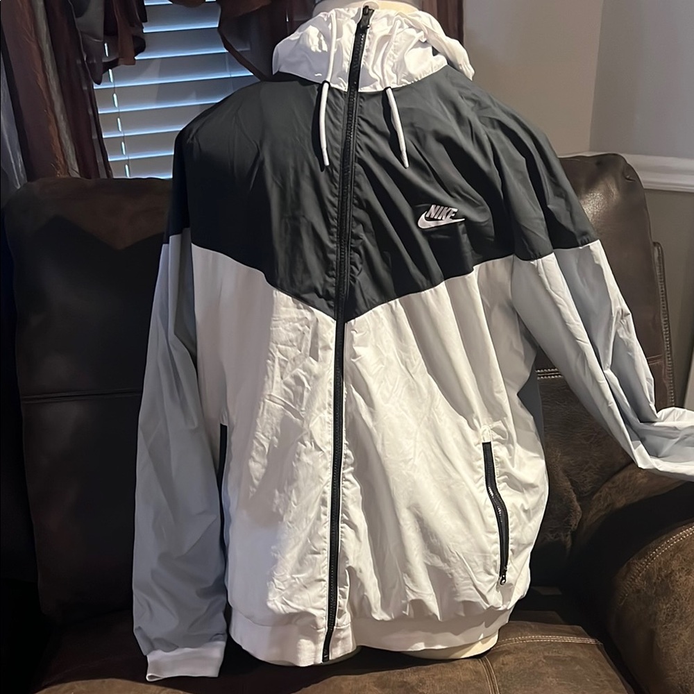 Nike Black and Silver Windbreaker with Hood and Zipper